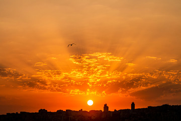 romantic sunset in istanbul skyline