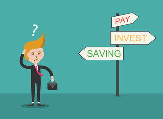 businessman thinking for signpost, vector, illustration