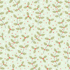 Small holly tree branch and snow seamless pattern vector background