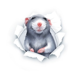 Cute gray cartoon rat, paper breakthrough, digital painting
