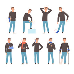 Fototapeta premium Man with bandages on sore spots. Vector illustration on a white background.