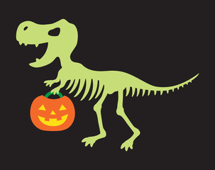 Vector illustration of a dinosaur skeleton holding Halloween Jack O Lantern. Trick or treat dinosaur.