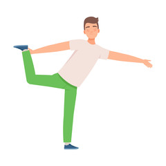 Man stands on one leg and holds the other with his hand. Vector illustration.
