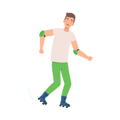 Brunette man on roller skates. Vector illustration.