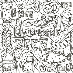 Beer doodle illustration for poster. Text, food elements and patterned background. line art hand drawn. Square cartoon contour picture. Graphic image for printing