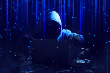 hacker man terrorist with virus computer attack to server network system online in data internet security hacking ai concept - obrazy, fototapety, plakaty