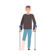 Brunette man with crutches and plaster on his leg. Vector illustration.