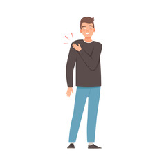 Brunette man holds on to a sore shoulder. Vector illustration.