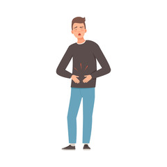 Man holds on to a sore stomach. Vector illustration.