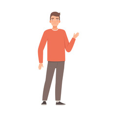 Young guy welcomes. Vector illustration in cartoon style.