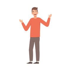 Young guy is very happy to meet. Vector illustration in cartoon style.