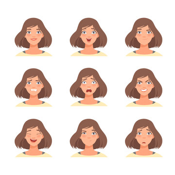 Set of female emotions. Vector illustration in cartoon style.