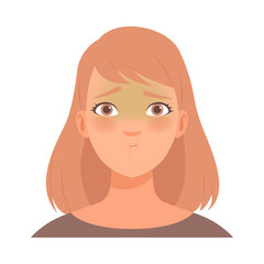 Great embarrassment on the face of a young woman. Vector illustration.