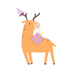 Deer holds a gift. Vector illustration on a white background.