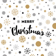 Fototapeta na wymiar Winter card with text Merry Christmas, gold snowflakes, polka dots pattern