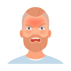 Strong anger on the face of a man with a beard. Vector illustration.