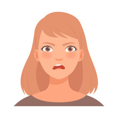 Anger on the face of a young woman. Vector illustration.