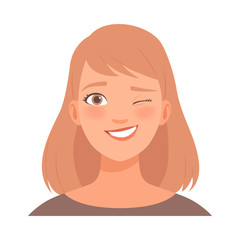 Young woman smiles and winks. Vector illustration.
