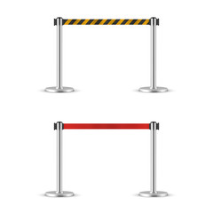 Retractable belt stanchion set. Portable ribbon barrier. Red and striped hazard fencing tape.