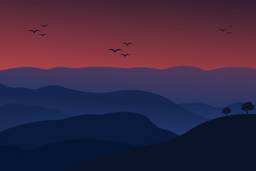 Realistic mountains landscape. Morning wood panorama, pine trees and mountains silhouettes. Vector forest hiking background