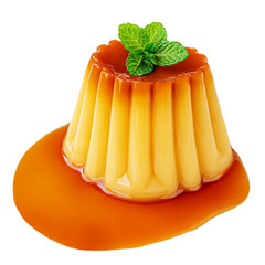 Pudding caramel custard with caramel sauce and mint leaf isolated on white background.