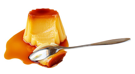 Cream  caramel, flan, or caramel pudding with sweet syrup isolated on white background. Homemade...