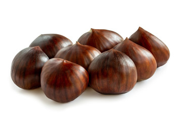 Chestnuts isolated on white background. Ripe sweet Chestnuts