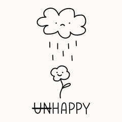 Happy flower and sad cloud. Hand drawn vector funny illustration on white background.