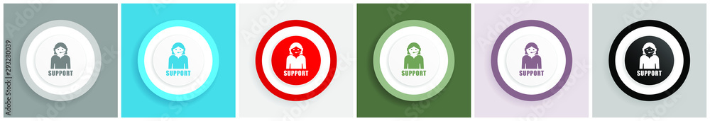 Poster Support icon set, colorful flat design vector illustrations in 6 options for web design and mobile applications