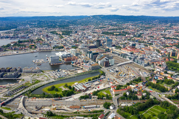 Oslo, Norway. The central business part of the city. Opera House and Station. Aerial view - obrazy, fototapety, plakaty
