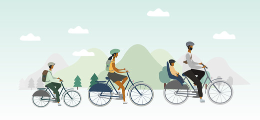 Family ride and travel by bicycles . Parents and kids driving a bike among mountains and trees. Outdoor activity concept vector for banner, web, mobile app, flyer, poster, print.