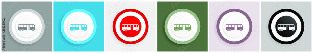 Poster Bus icon set, colorful flat design vector illustrations in 6 options for web design and mobile applications