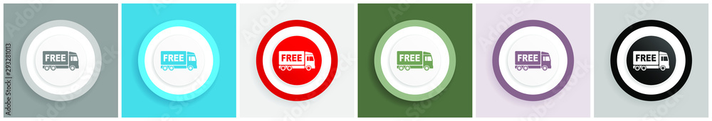 Leinwandbilder free delivery icon set, colorful flat design vector illustrations in 6 options for web design and mo