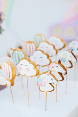 Unicorn sugar cookies decorated with royal icing and food glitter on a white background. various cookies on white serving. unicorn, cloud, flying balloon and rainbow.
