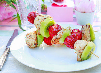 Shashlik with fresh fruits and meat
