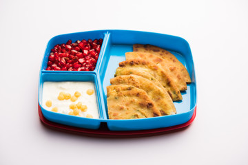 Lunch Box / Tiffin for Indian kids, includes Aloo Paratha, curd boondi and pomegranate seeds, selective focus