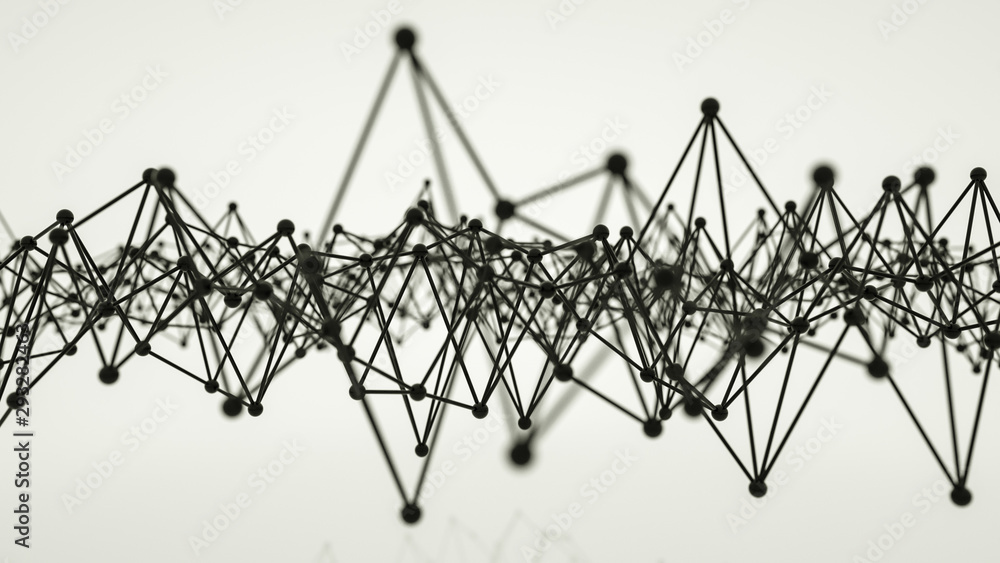 Poster background of black three-dimensional connected spheres. shallow depth of field. 3d rendering illust