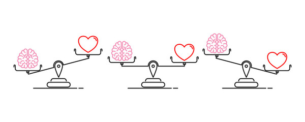 Heart and brain on a balance icon set. Flat style. Thin line. Isolated on white background. 