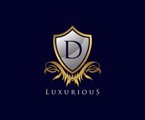 Classy Shield D Letter Logo. Gold Vintage Shield With D Letter prefect for boutique, hotel, restaurant, wedding and other elegant business. 
