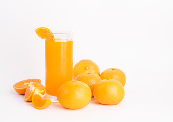 Fresh orange juice glass and fruits  on white background