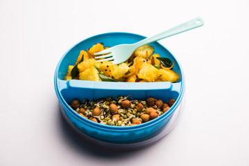 Lunch Box / Tiffin for Indian kids, includes vegetable bread Upma with sprouts, selective focus