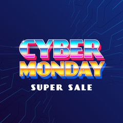 Cyber monday super sale poster background social media template vector illustration. 1980s old retro game typography on cyberspace banner design