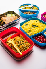 group of Lunch Box / Tiffin for Indian kids, showing variety or multiple option or combination of healthy food for your school going children