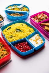 group of Lunch Box / Tiffin for Indian kids, showing variety or multiple option or combination of healthy food for your school going children