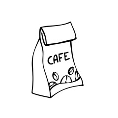Coffee sack. Craft paper bag with coffee beans. Isolated on white. Traditional coffe package. Hand drawn style. Line art sketh. Vector illustration