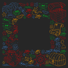 Vector set with pirate elements for birthday party for little children. Kids pattern with octopus, beach, treasure chest, ship