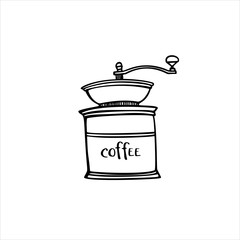 Old coffee grinder sketch. Hand drawn illustration. Line art. Vintage coffee mills vector illustration. Isolated on white background.