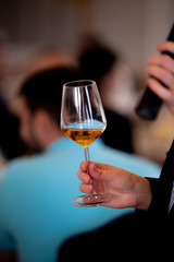 Glass of white, rose and red wine seen from close up.