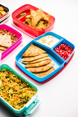 group of Lunch Box / Tiffin for Indian kids, showing variety or multiple option or combination of healthy food for your school going children