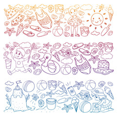 Vector pattern with little chilren. Family summer vacations. Beach, ocean, island, sun. Kids play. Swimming and relaxation.